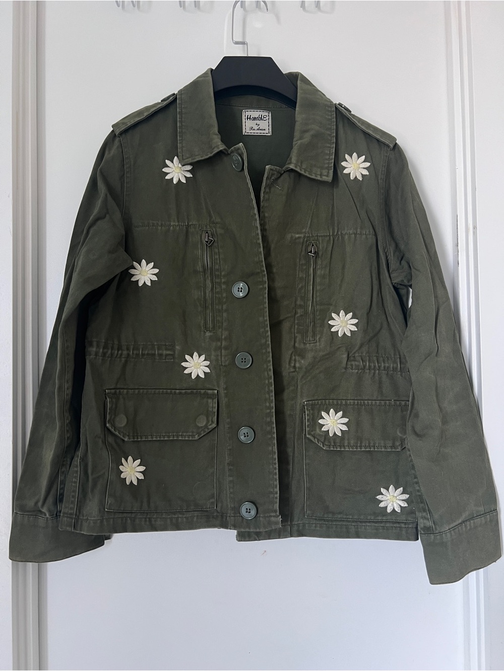 Handmade Olive Green Daisy Embroidered Utility Jacket